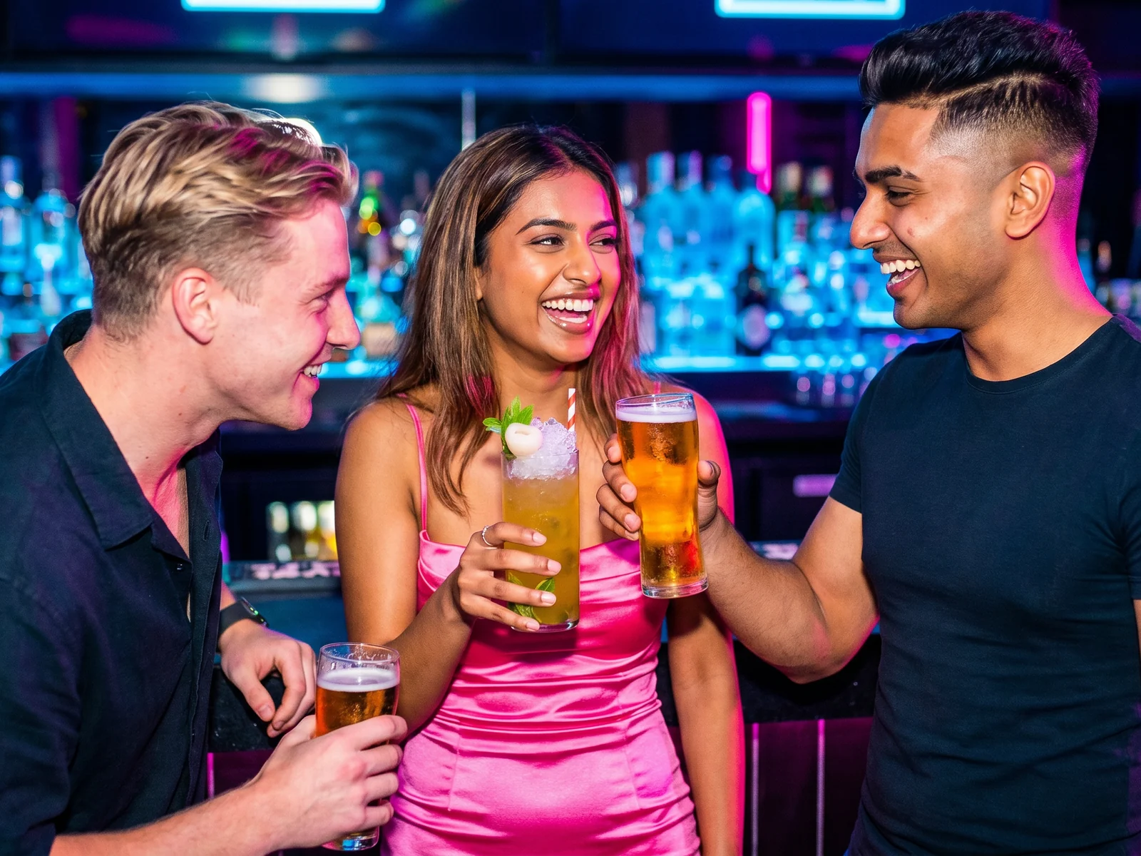Friends laughing over cocktails and beers at the Milky Lane bar on a Saturday night