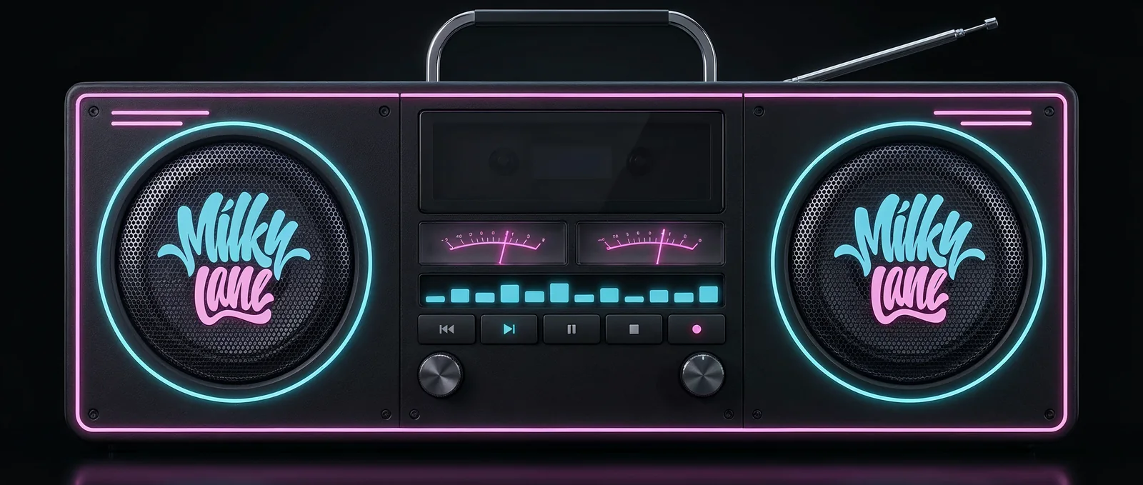 The Milky Lane boombox: a twin-woofer eighties deck in pink and blue neon, the Milky Lane script on both cones