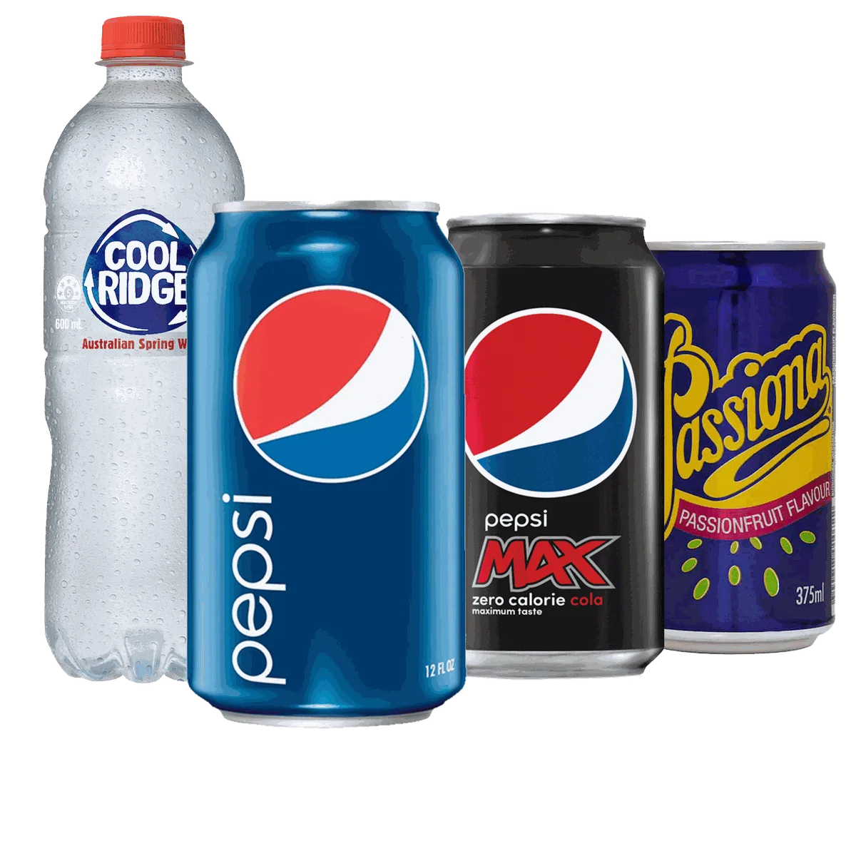 Milky Lane non-alcoholic line-up · Cool Ridge water, Pepsi, Pepsi Max & Passiona