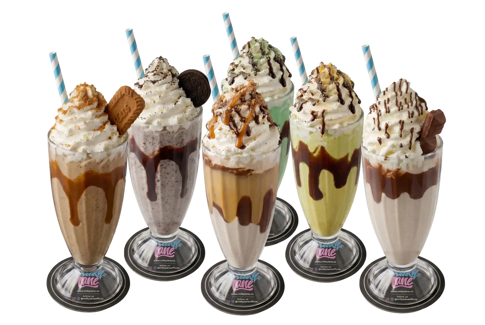 Five loaded Milky Lane thickshakes lined up