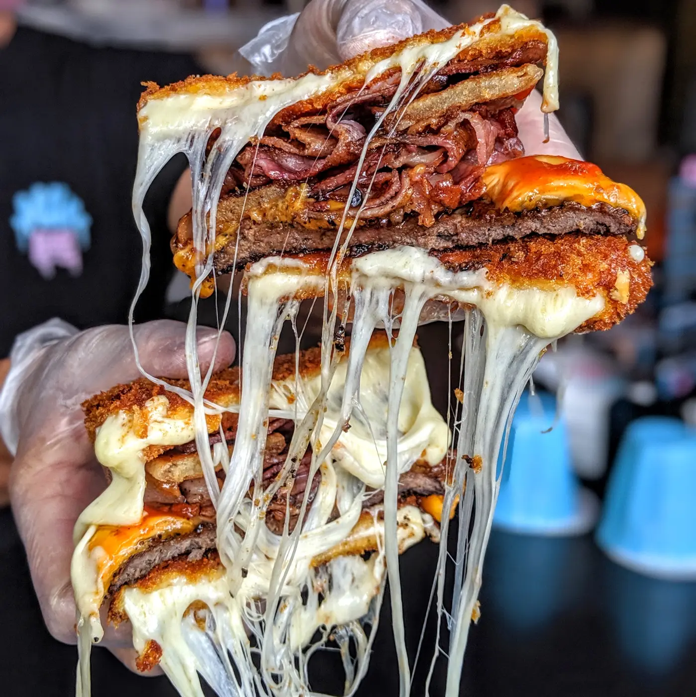 Pastrami and cheese melt cross-section