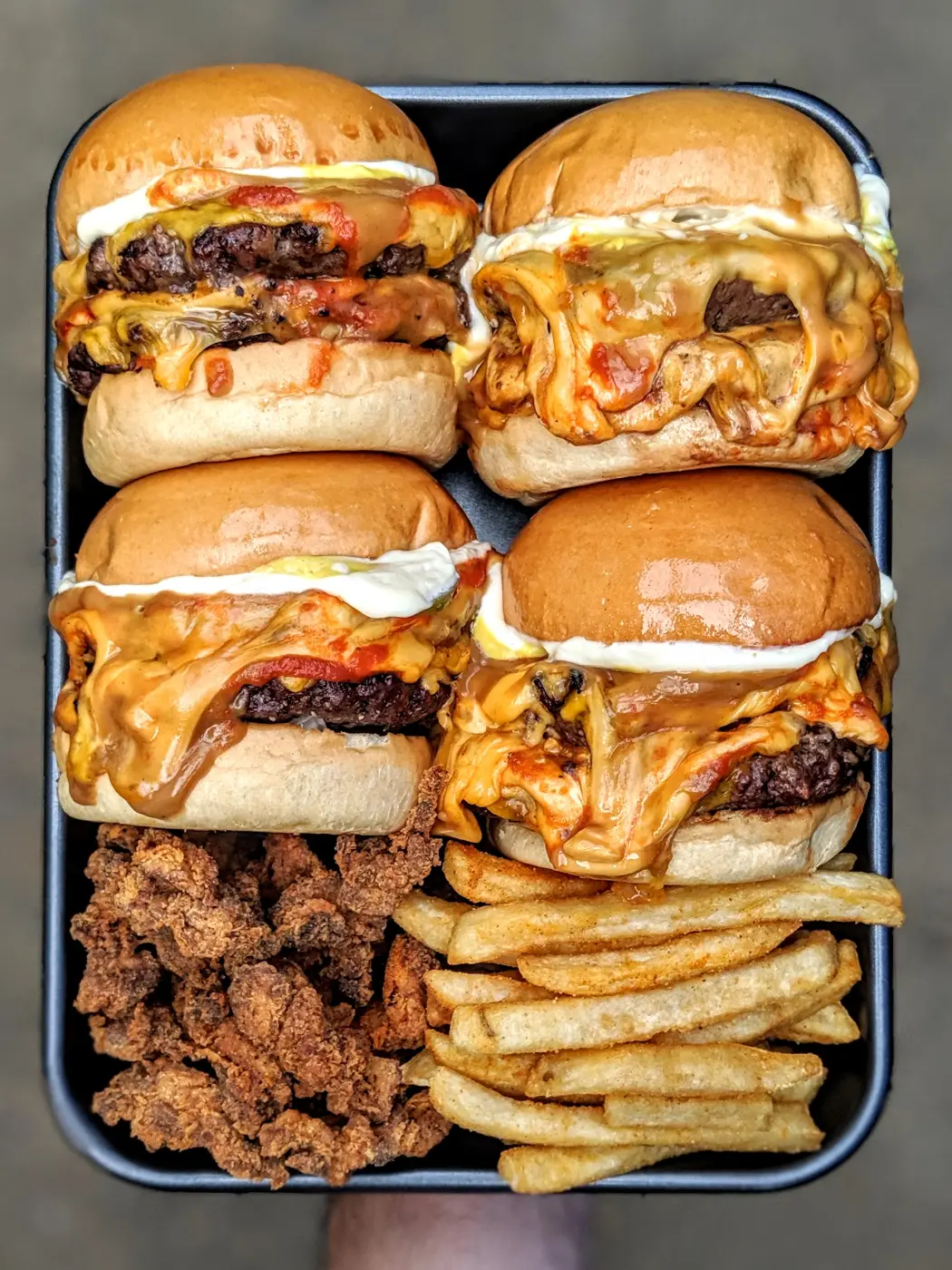 Slider tray with fried chicken and chips