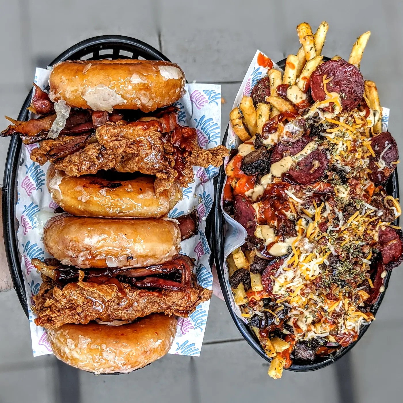 Glazed donut sliders and loaded hot fries